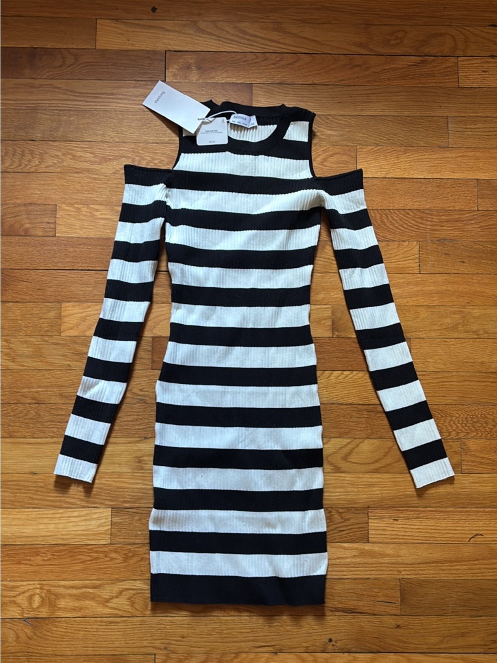 NWT Bershka Striped Cold-Shoulder Knit Dress - Black & White